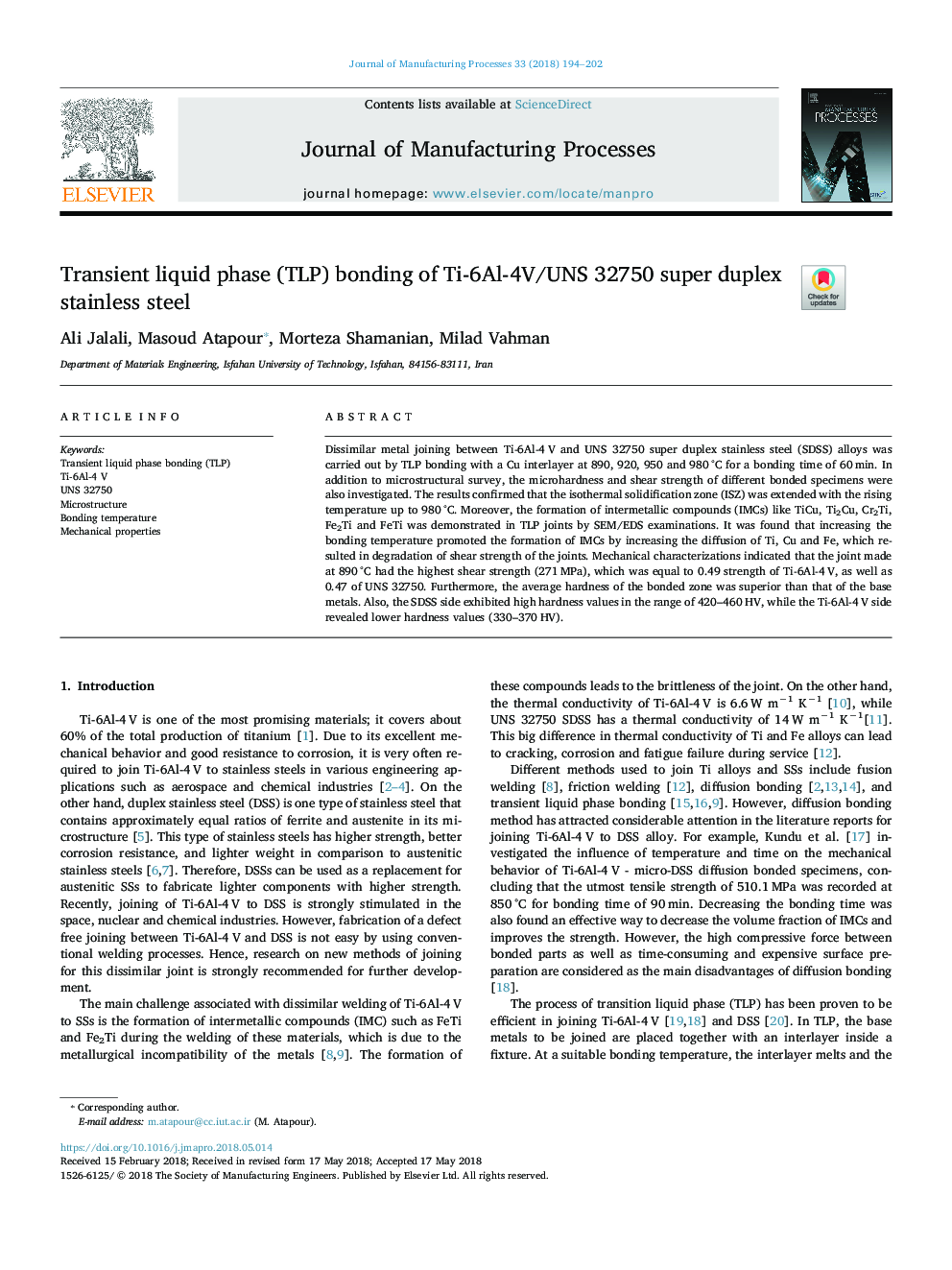 Transient liquid phase (TLP) bonding of Ti-6Al-4V/UNS 32750 super duplex stainless steel