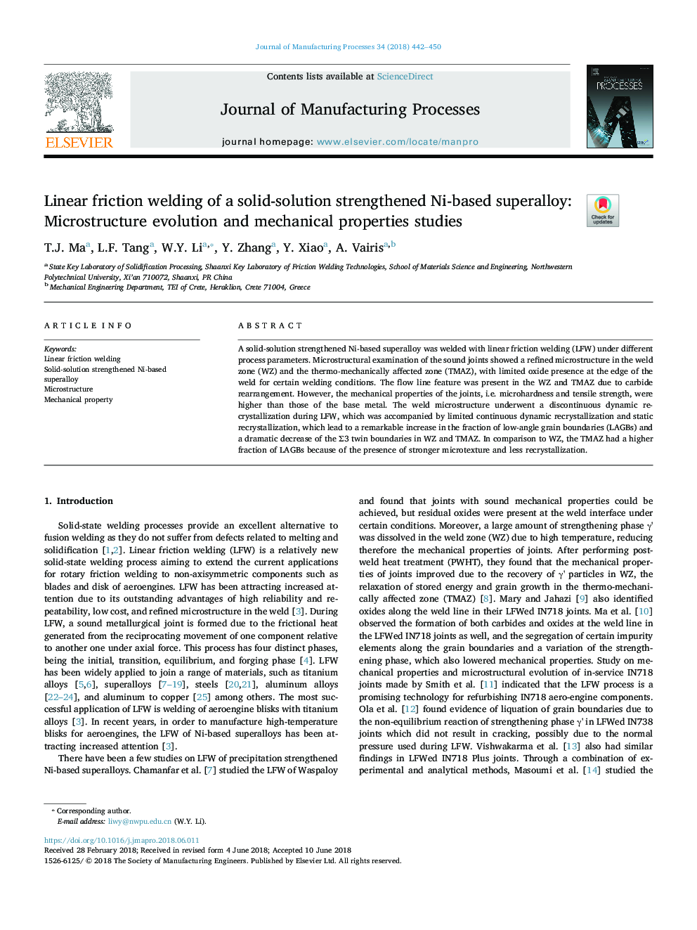 Linear friction welding of a solid-solution strengthened Ni-based superalloy: Microstructure evolution and mechanical properties studies