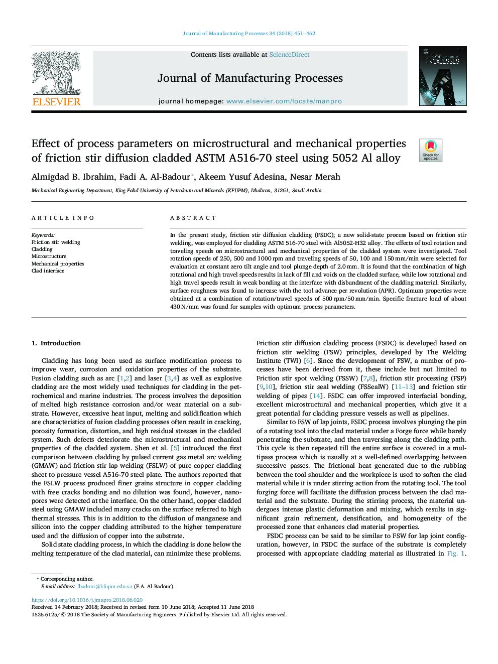 Effect of process parameters on microstructural and mechanical properties of friction stir diffusion cladded ASTM A516-70 steel using 5052 Al alloy