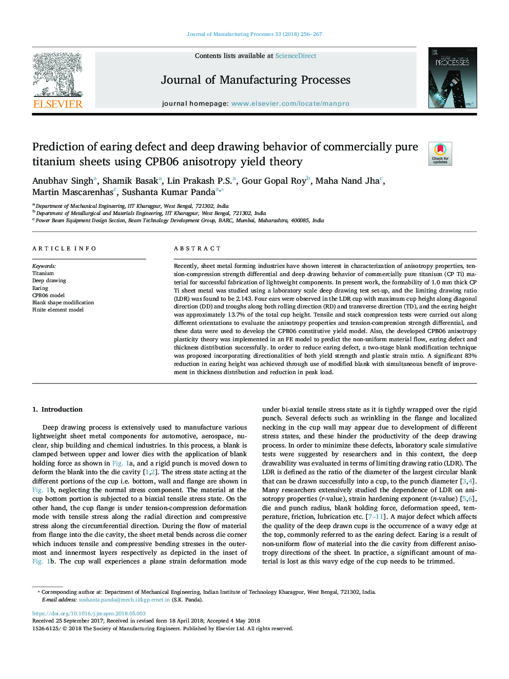 عکس صفحه اول مقاله: Prediction of earing defect and deep drawing behavior of commercially pure titanium sheets using CPB06 anisotropy yield theory Prediction of earing defect and deep drawing behavior of commercially pure titanium sheets using CPB06 anisotropy yield theory