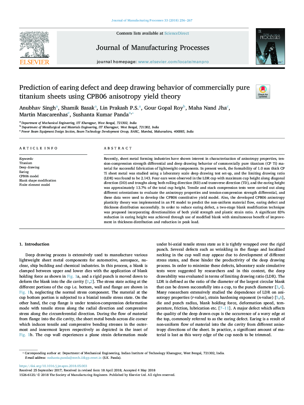 Prediction of earing defect and deep drawing behavior of commercially pure titanium sheets using CPB06 anisotropy yield theory