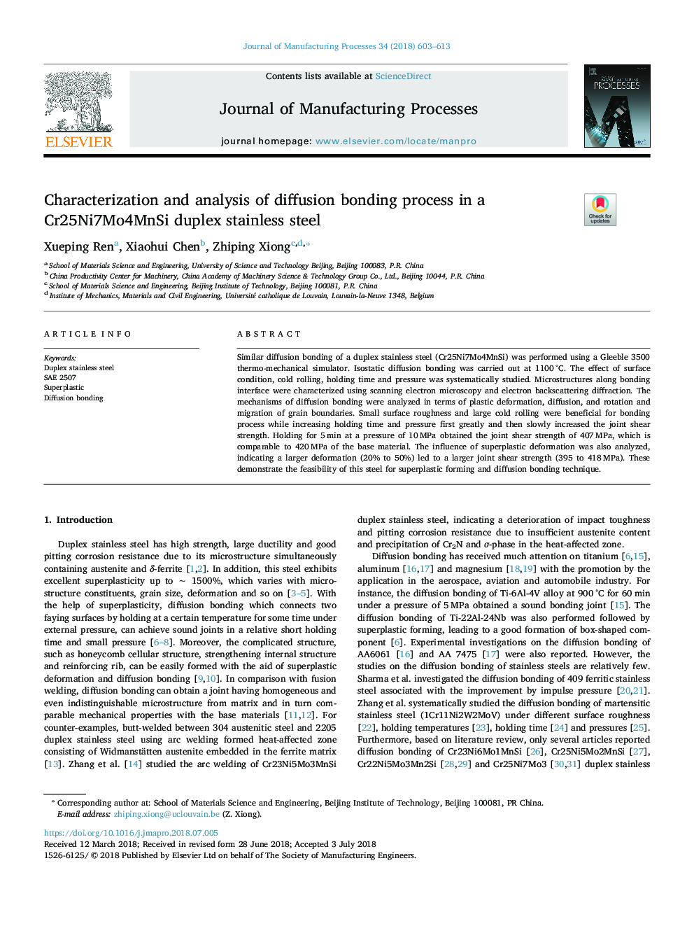 Characterization and analysis of diffusion bonding process in a Cr25Ni7Mo4MnSi duplex stainless steel