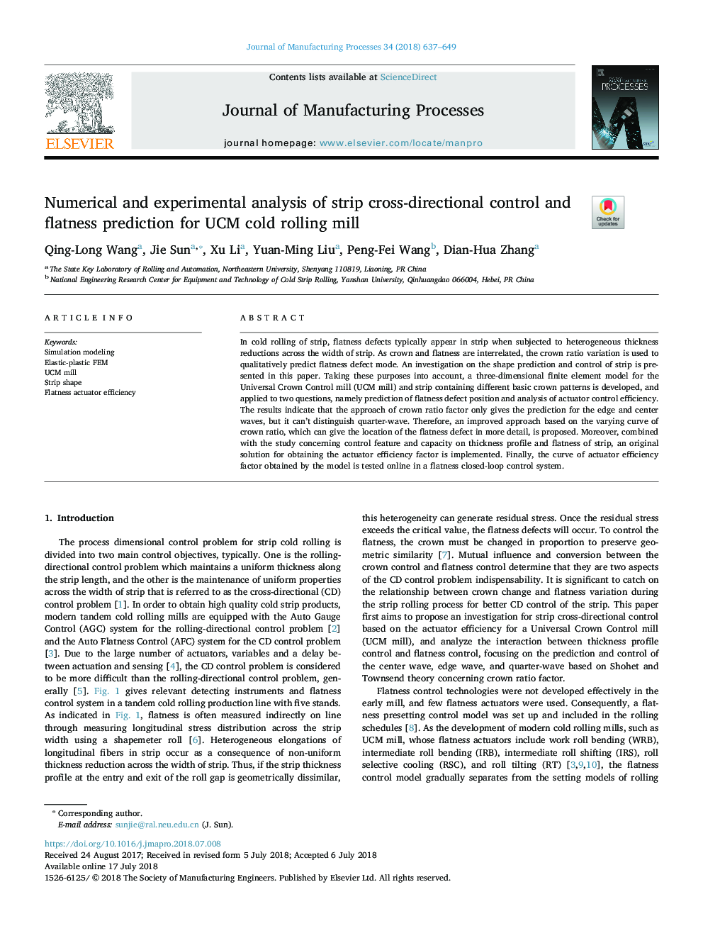 Numerical and experimental analysis of strip cross-directional control and flatness prediction for UCM cold rolling mill