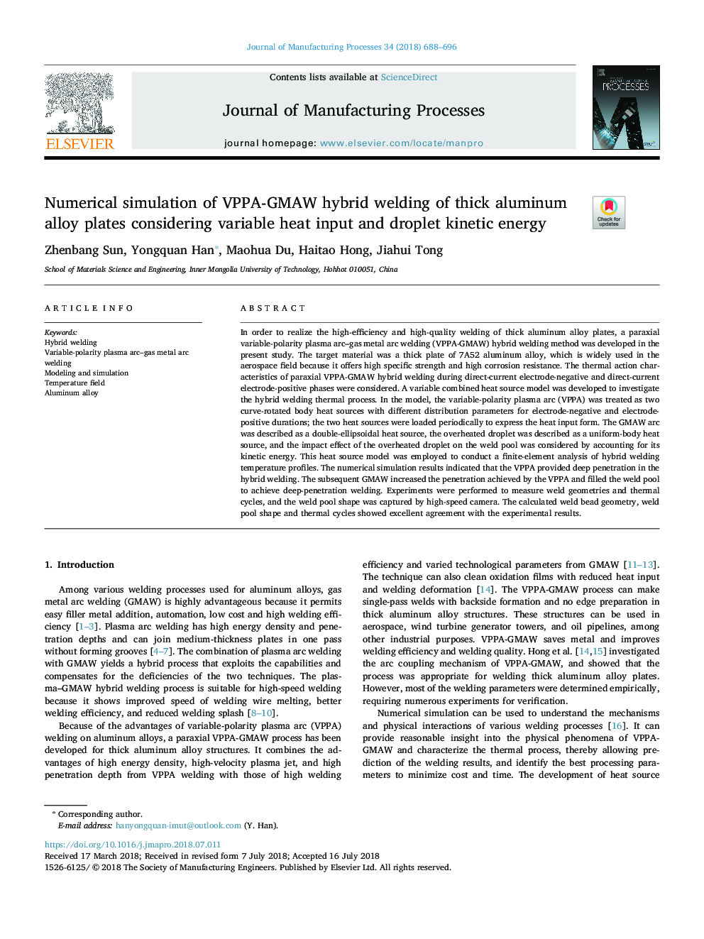 Numerical simulation of VPPA-GMAW hybrid welding of thick aluminum alloy plates considering variable heat input and droplet kinetic energy