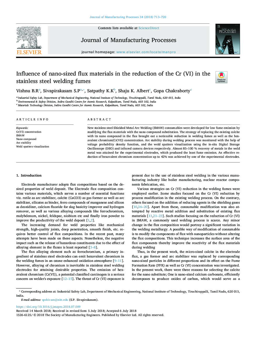 Influence of nano-sized flux materials in the reduction of the Cr (VI) in the stainless steel welding fumes