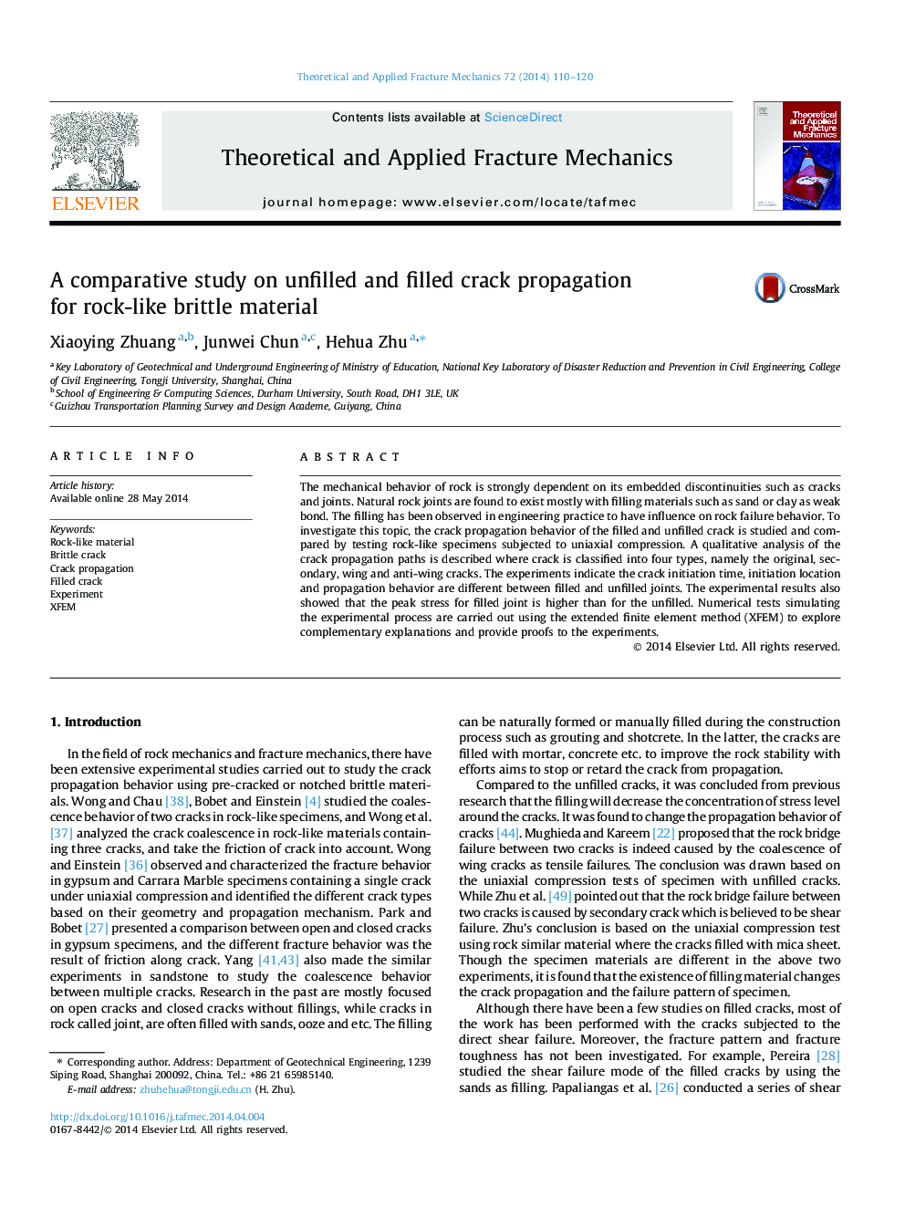 A comparative study on unfilled and filled crack propagation for rock-like brittle material