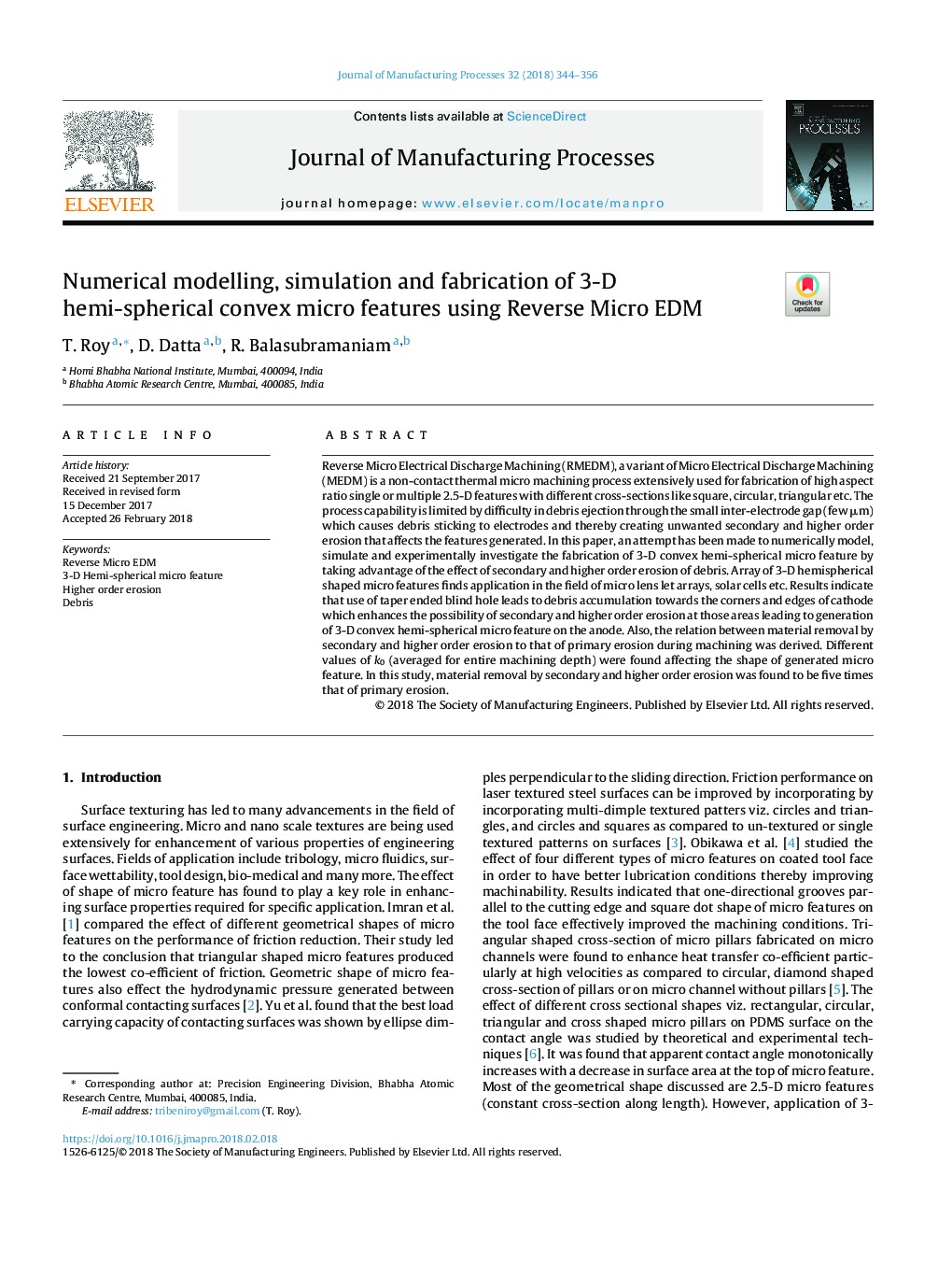 Numerical modelling, simulation and fabrication of 3-D hemi-spherical convex micro features using Reverse Micro EDM