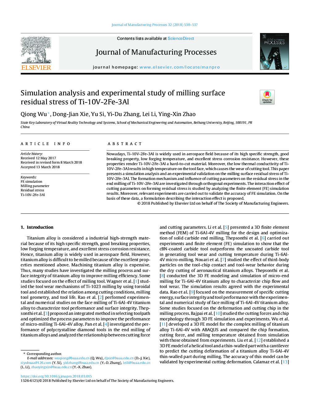 Simulation analysis and experimental study of milling surface residual stress of Ti-10V-2Fe-3Al