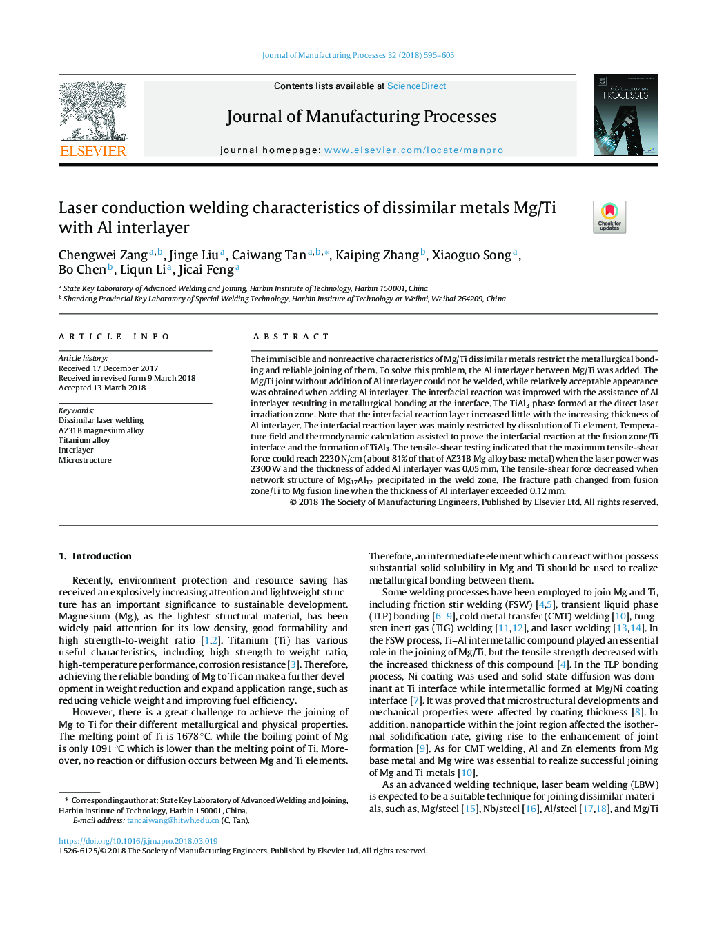 Laser conduction welding characteristics of dissimilar metals Mg/Ti with Al interlayer