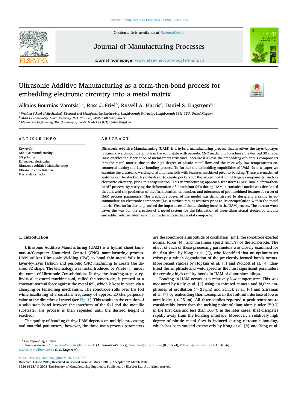 Ultrasonic Additive Manufacturing as a form-then-bond process for embedding electronic circuitry into a metal matrix