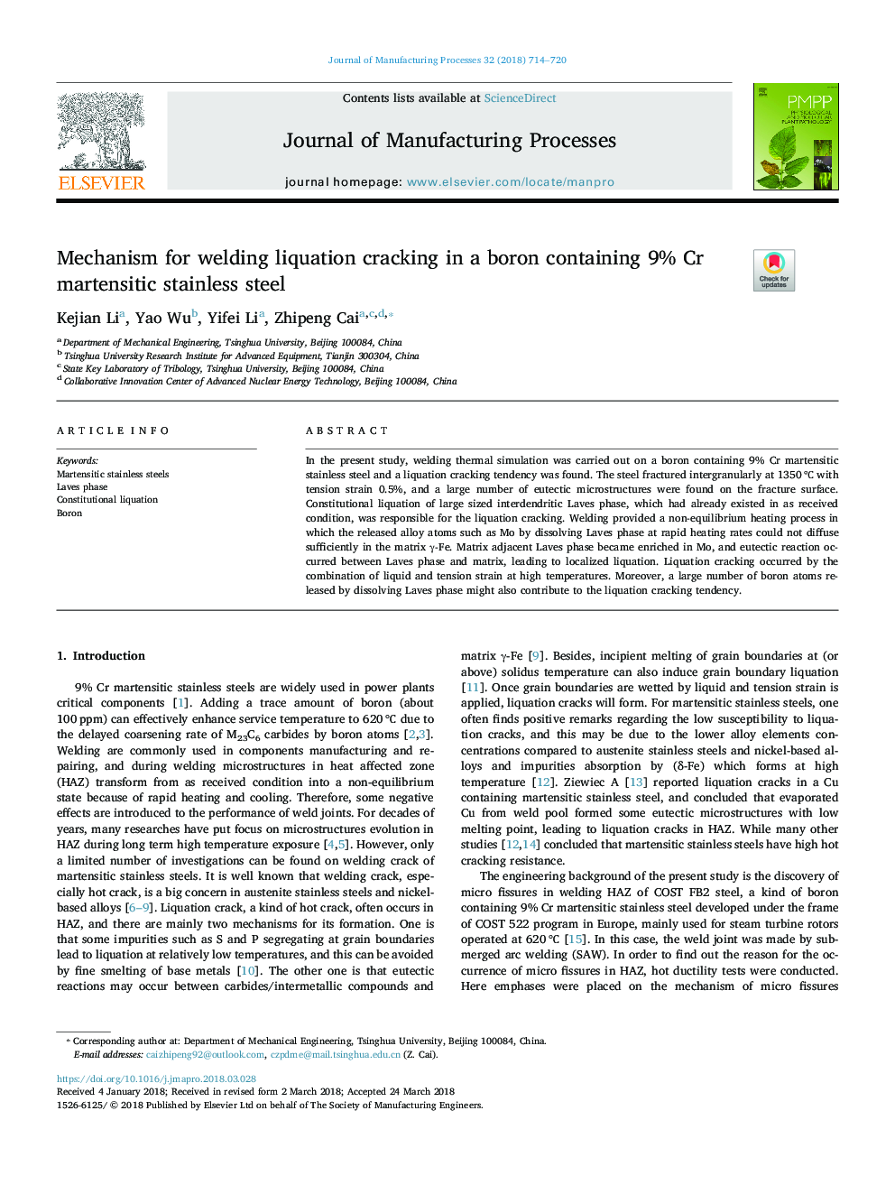 Mechanism for welding liquation cracking in a boron containing 9% Cr martensitic stainless steel