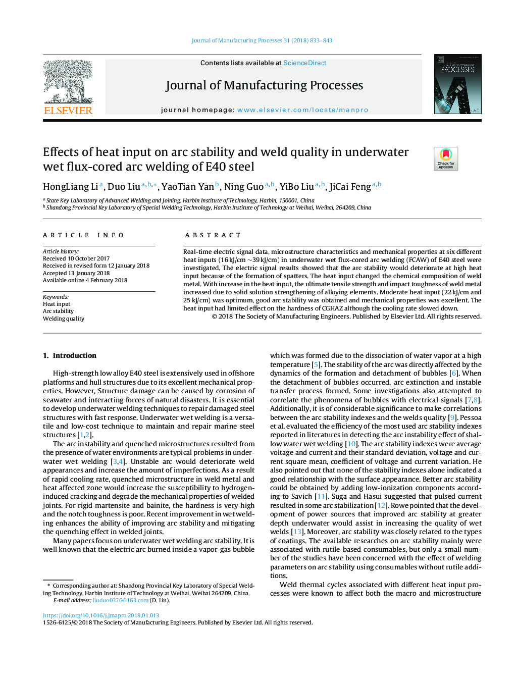 Effects of heat input on arc stability and weld quality in underwater wet flux-cored arc welding of E40 steel
