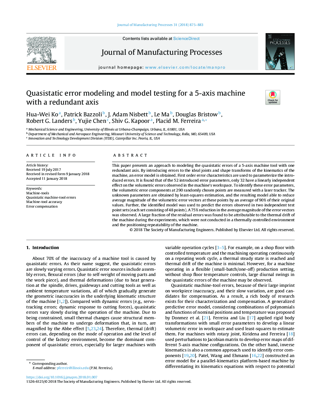 Quasistatic error modeling and model testing for a 5-axis machine with a redundant axis