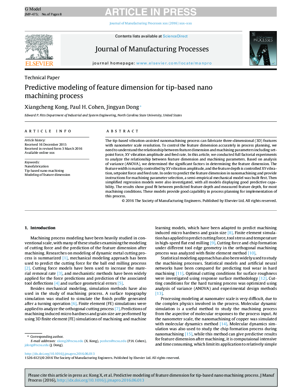 Predictive modeling of feature dimension for tip-based nano machining process