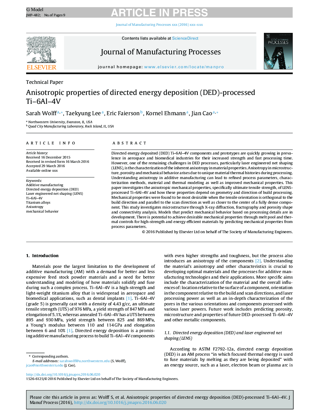 Anisotropic properties of directed energy deposition (DED)-processed Ti-6Al-4V