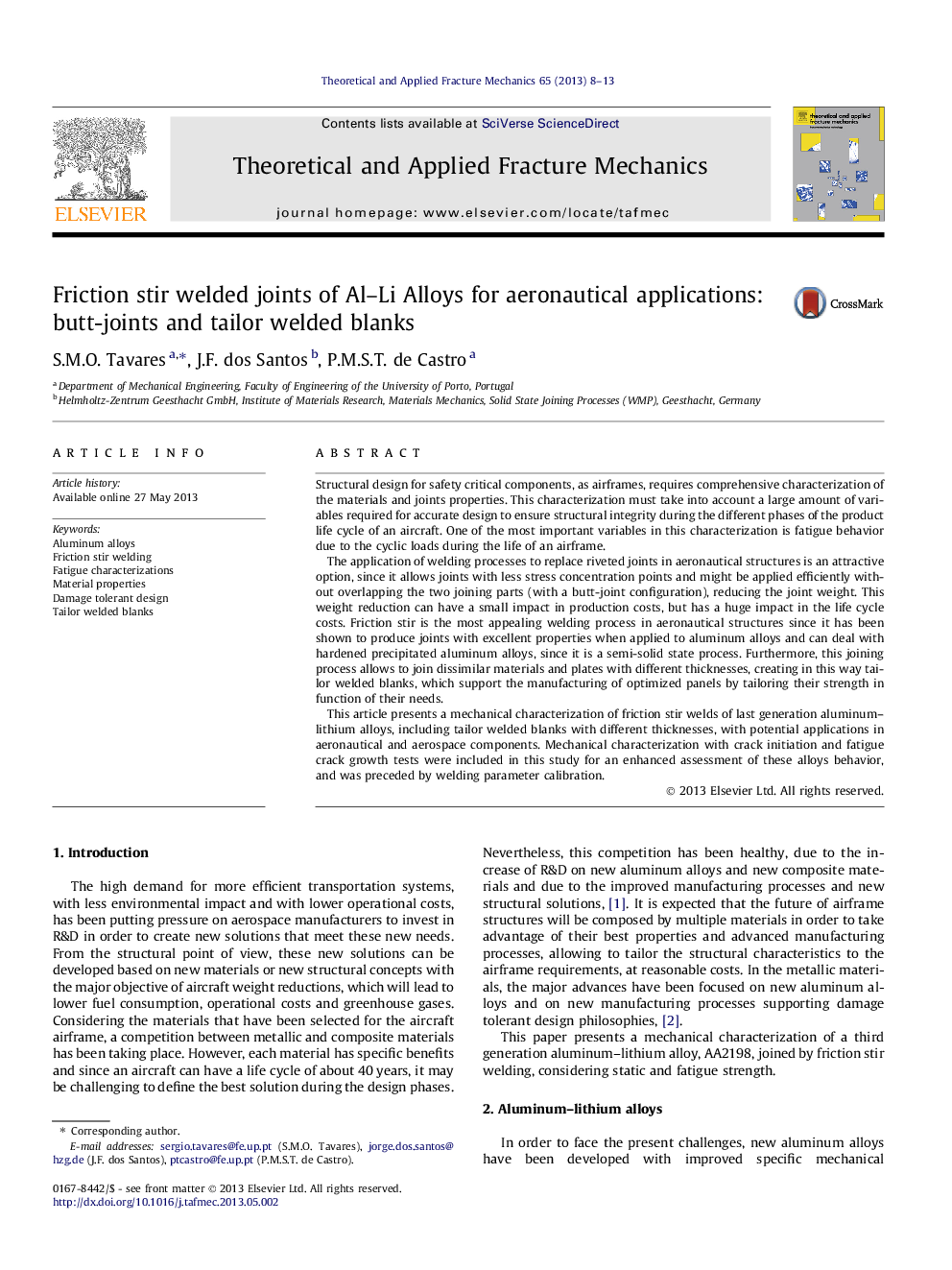 Friction stir welded joints of Al–Li Alloys for aeronautical applications: butt-joints and tailor welded blanks