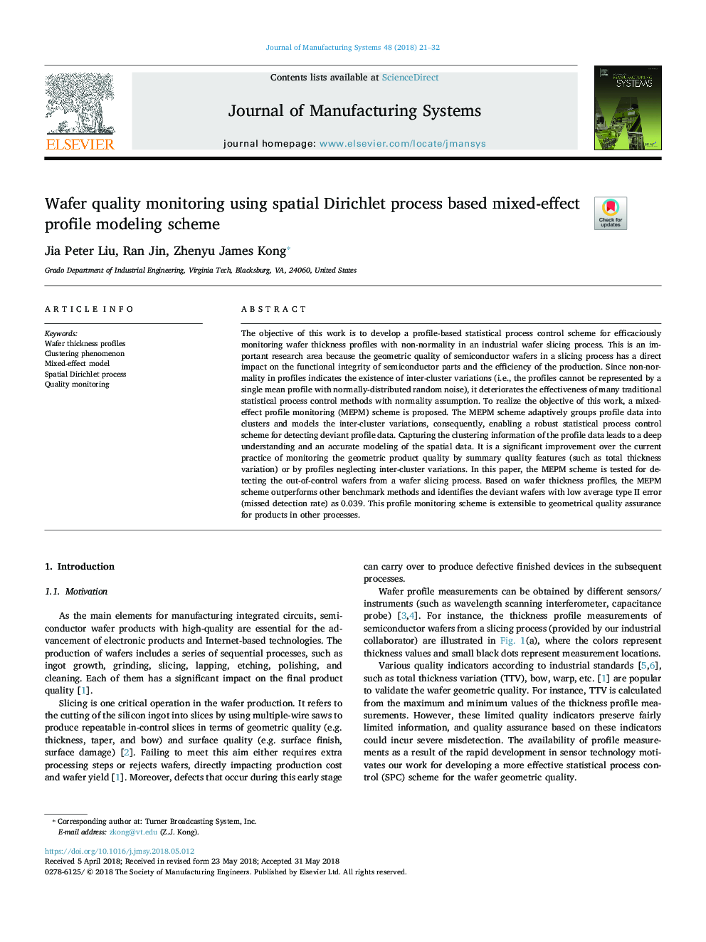 Wafer quality monitoring using spatial Dirichlet process based mixed-effect profile modeling scheme