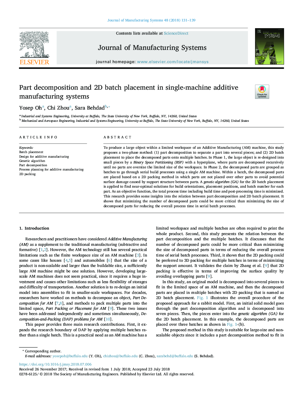 Part decomposition and 2D batch placement in single-machine additive manufacturing systems