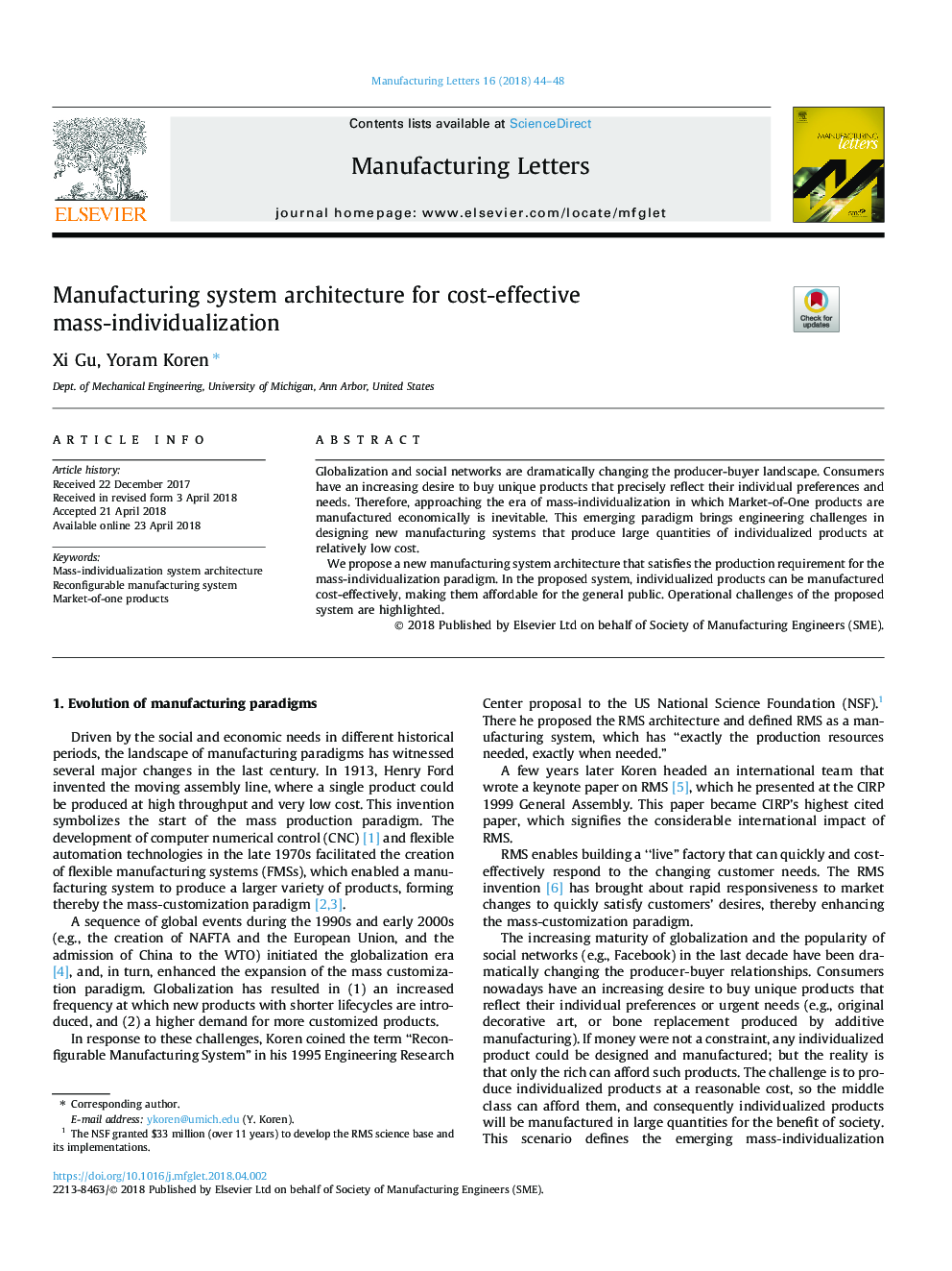 Manufacturing system architecture for cost-effective mass-individualization