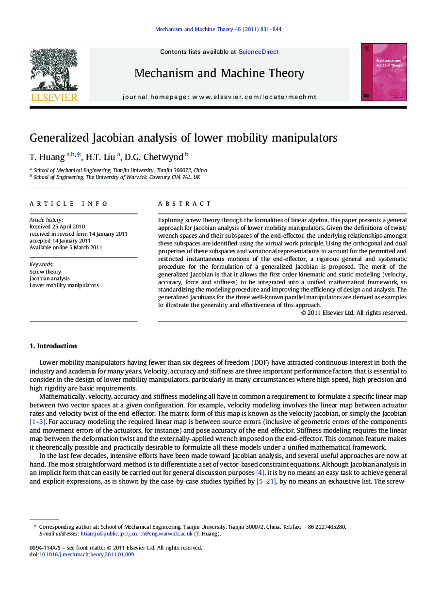 Generalized Jacobian analysis of lower mobility manipulators