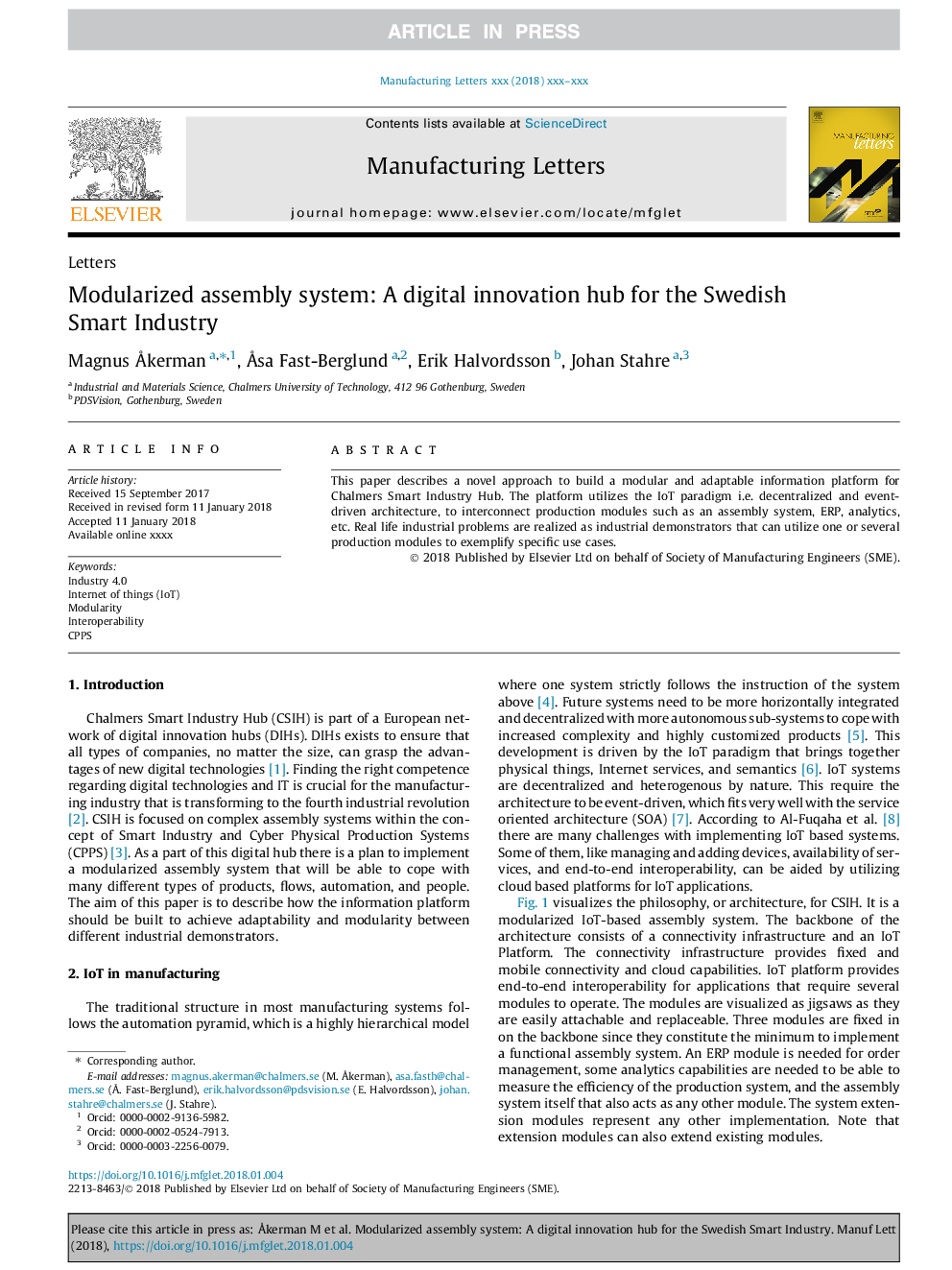 Modularized assembly system: A digital innovation hub for the Swedish Smart Industry