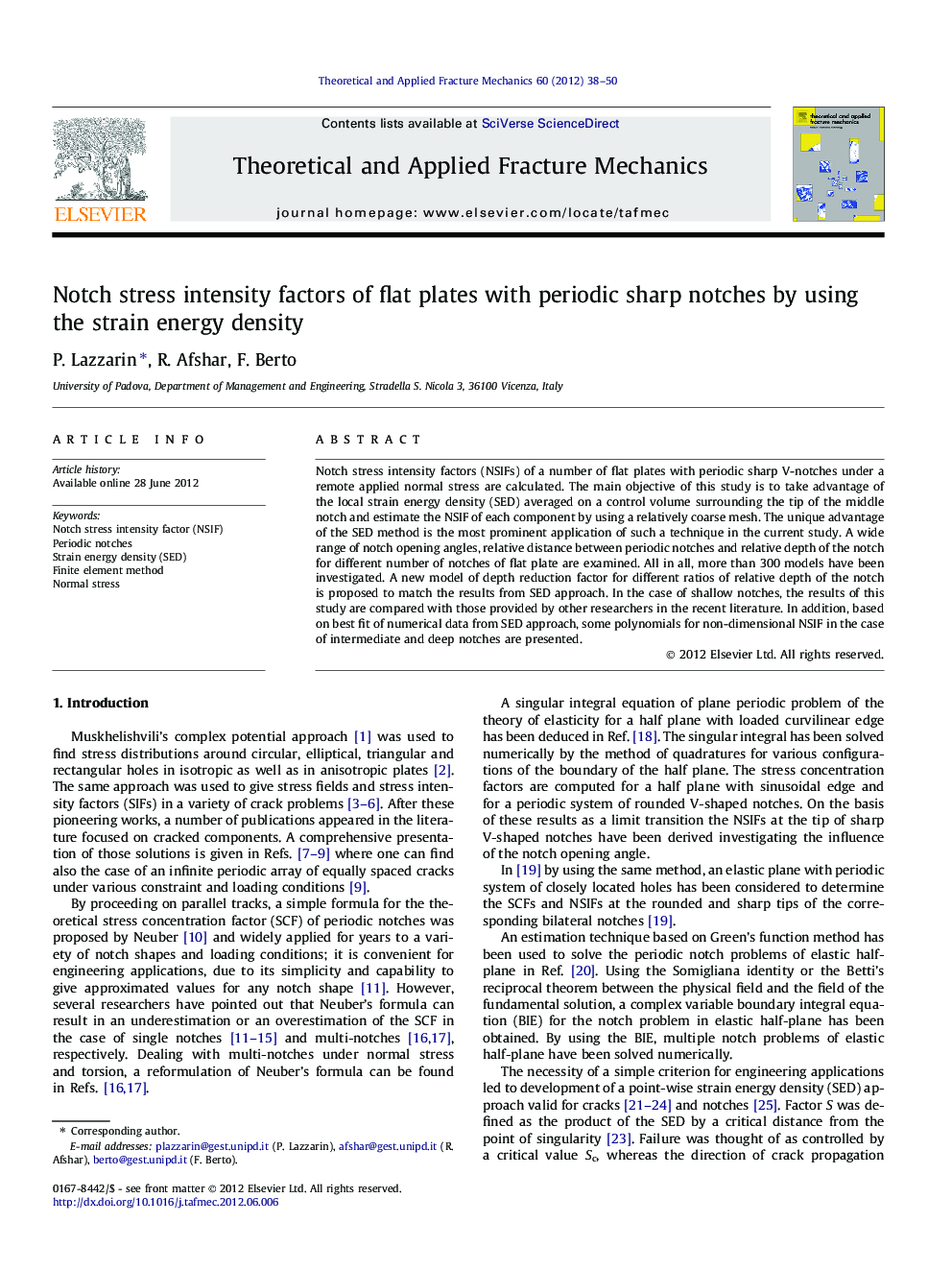 Notch stress intensity factors of flat plates with periodic sharp notches by using the strain energy density