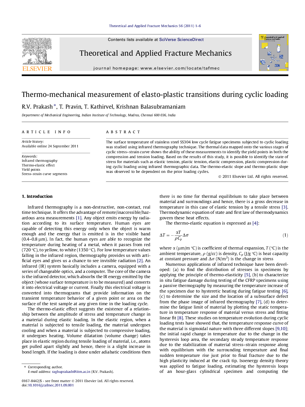 عکس صفحه اول مقاله: Thermo-mechanical measurement of elasto-plastic transitions during cyclic loading Thermo-mechanical measurement of elasto-plastic transitions during cyclic loading