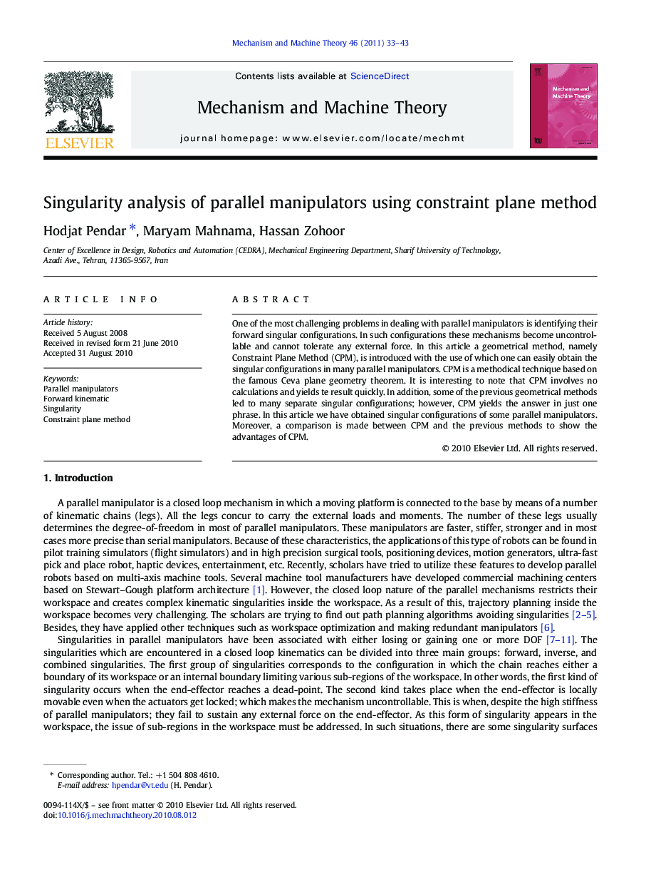 Singularity analysis of parallel manipulators using constraint plane method