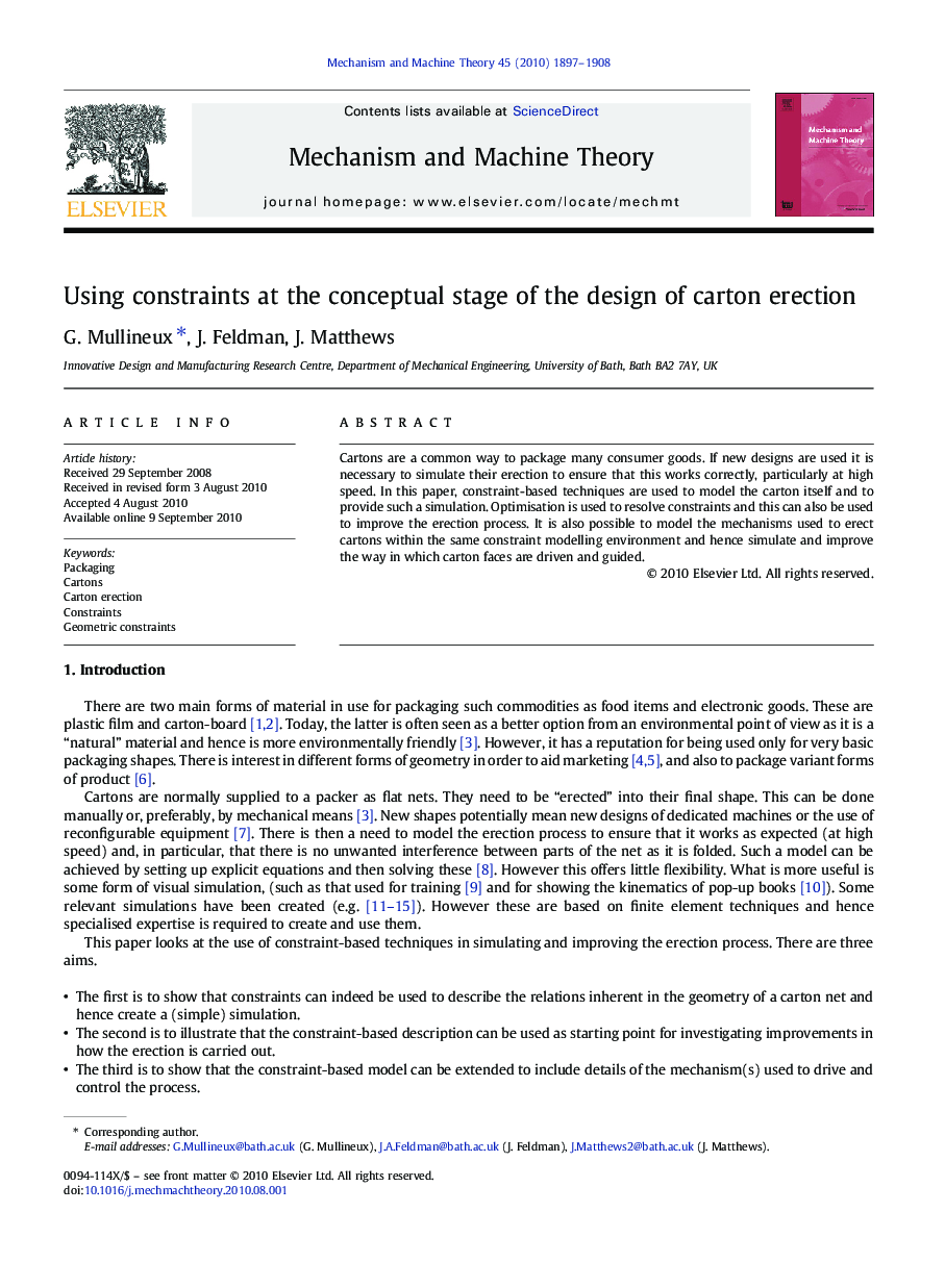 Using constraints at the conceptual stage of the design of carton erection