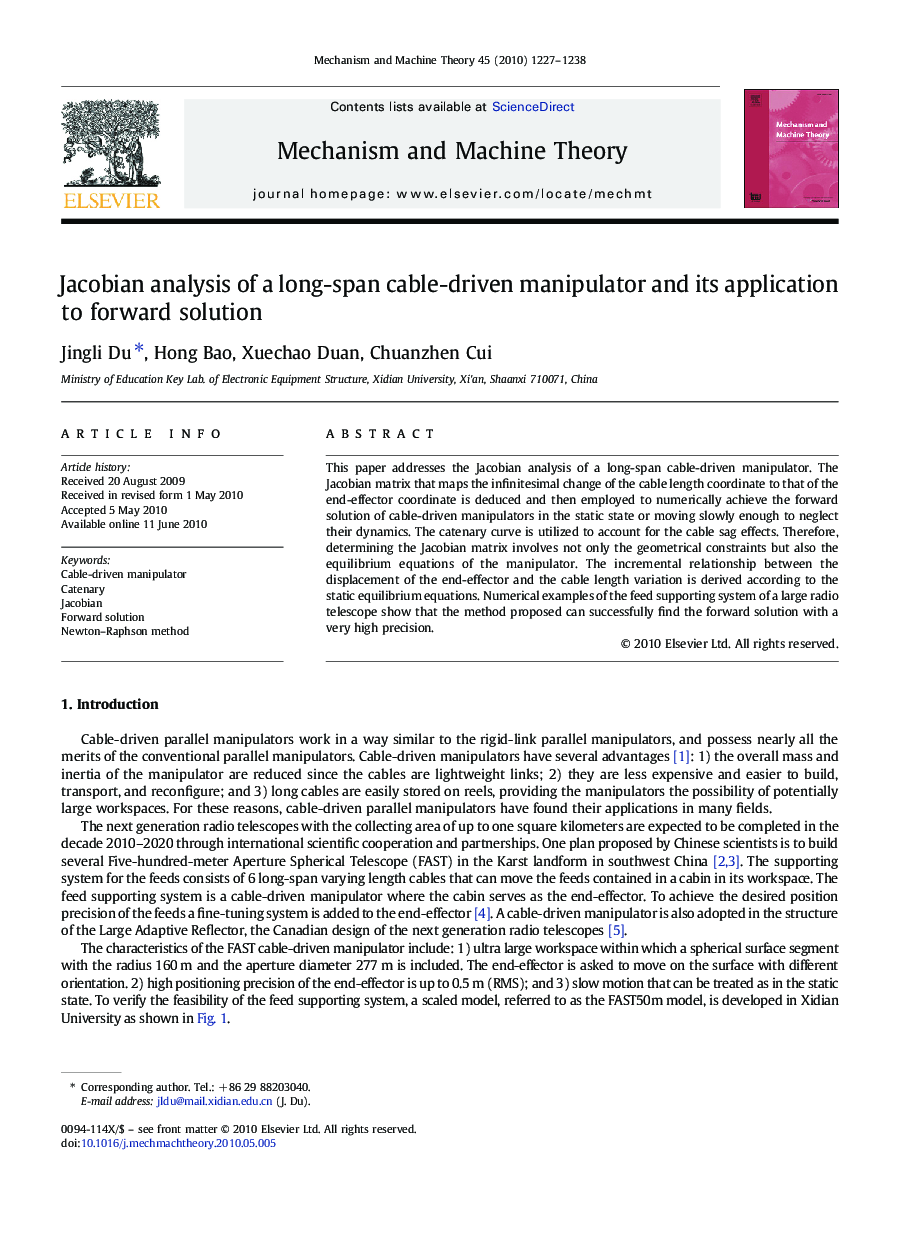 Jacobian analysis of a long-span cable-driven manipulator and its application to forward solution