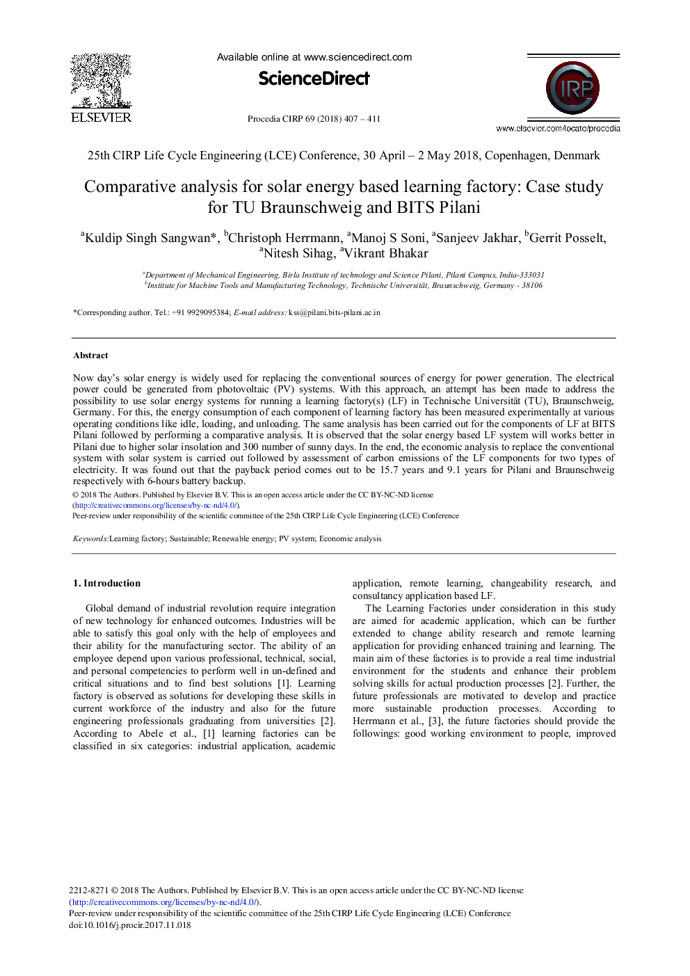 Comparative Analysis for Solar Energy Based Learning Factory: Case Study for TU Braunschweig and BITS Pilani