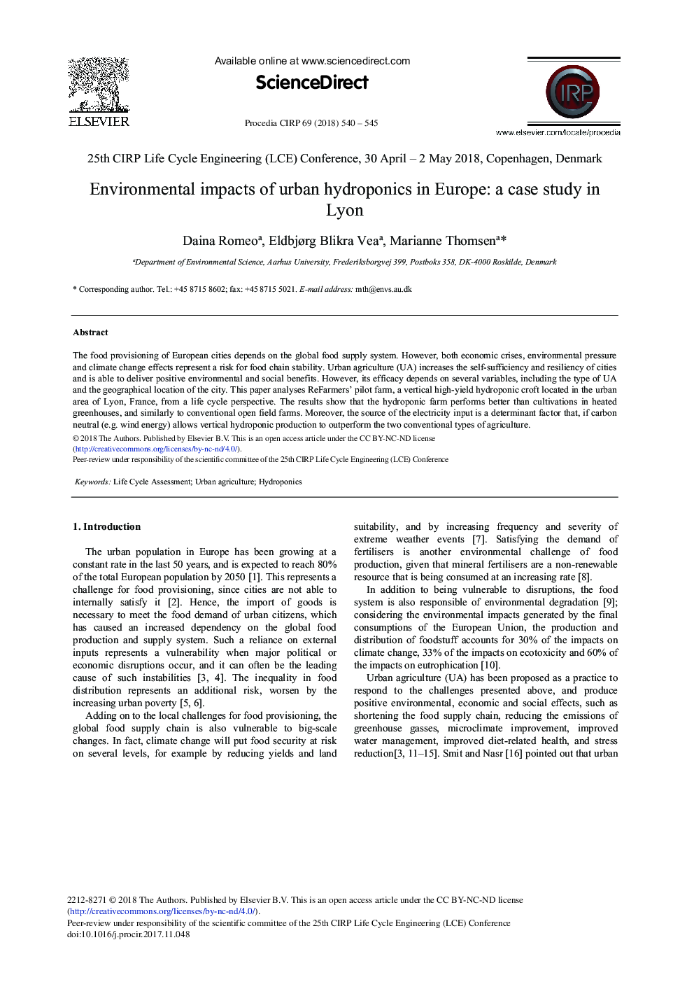 Environmental Impacts of Urban Hydroponics in Europe: A Case Study in Lyon