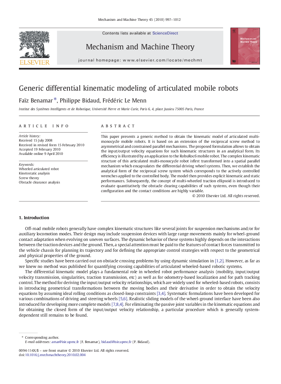 Generic differential kinematic modeling of articulated mobile robots