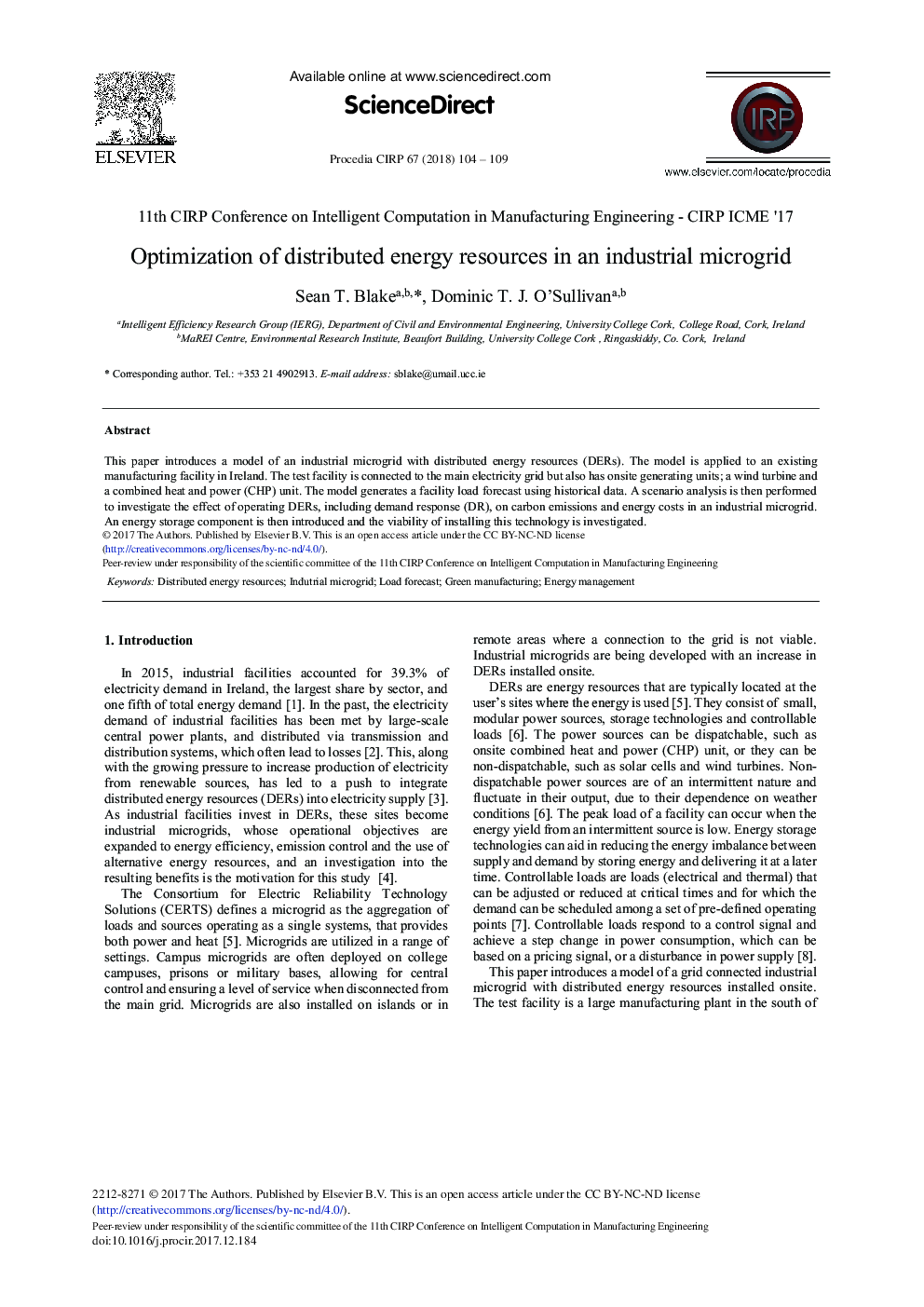 Optimization of Distributed Energy Resources in an Industrial Microgrid