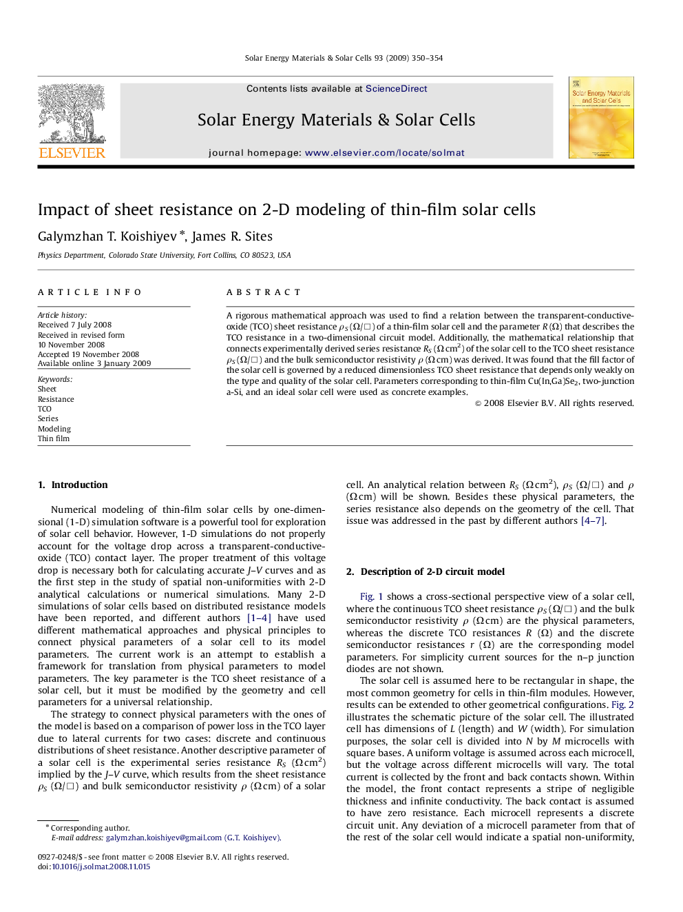 Impact of sheet resistance on 2-D modeling of thin-film solar cells