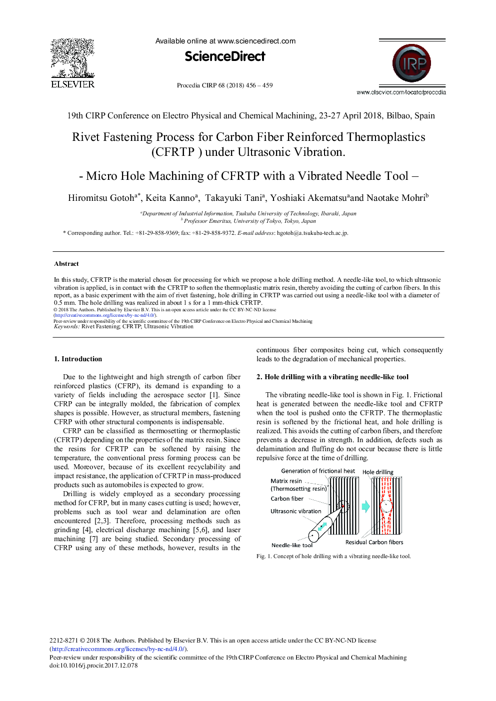 Rivet Fastening Process for Carbon Fiber Reinforced Thermoplastics (CFRTP) under Ultrasonic Vibration. Micro Hole Machining of CFRTP with a Vibrated Needle Tool