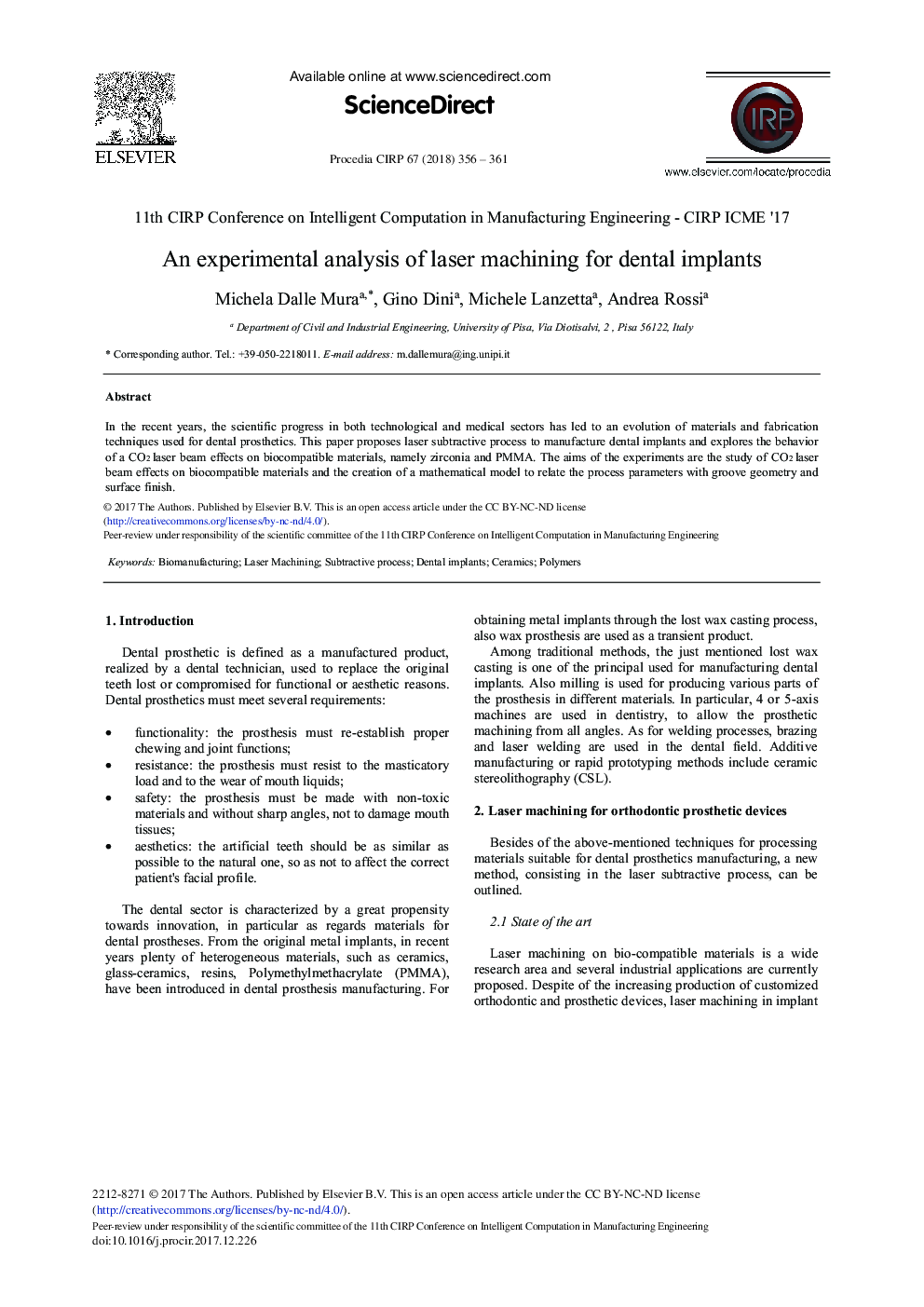 An Experimental Analysis of Laser Machining for Dental Implants