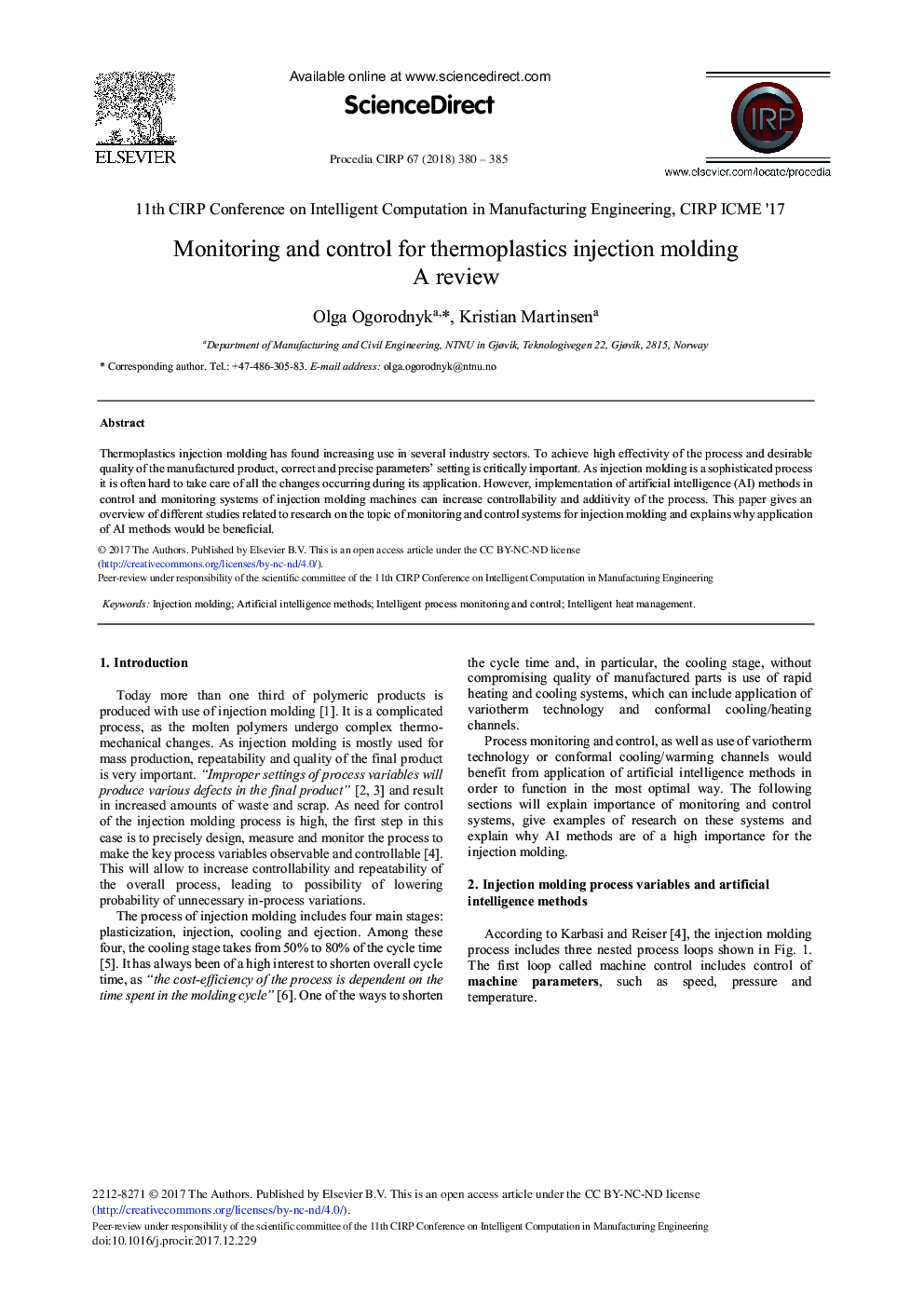 Monitoring and Control for Thermoplastics Injection Molding A Review