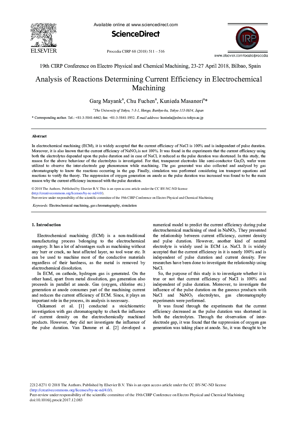 Analysis of Reactions Determining Current Efficiency in Electrochemical Machining