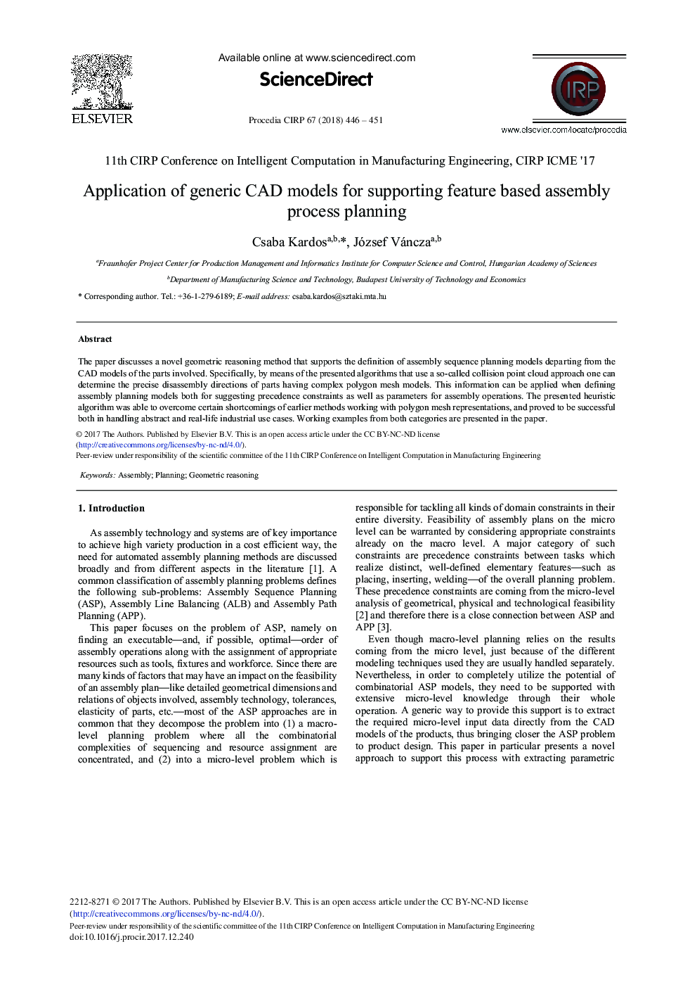 Application of Generic CAD Models for Supporting Feature Based Assembly Process Planning