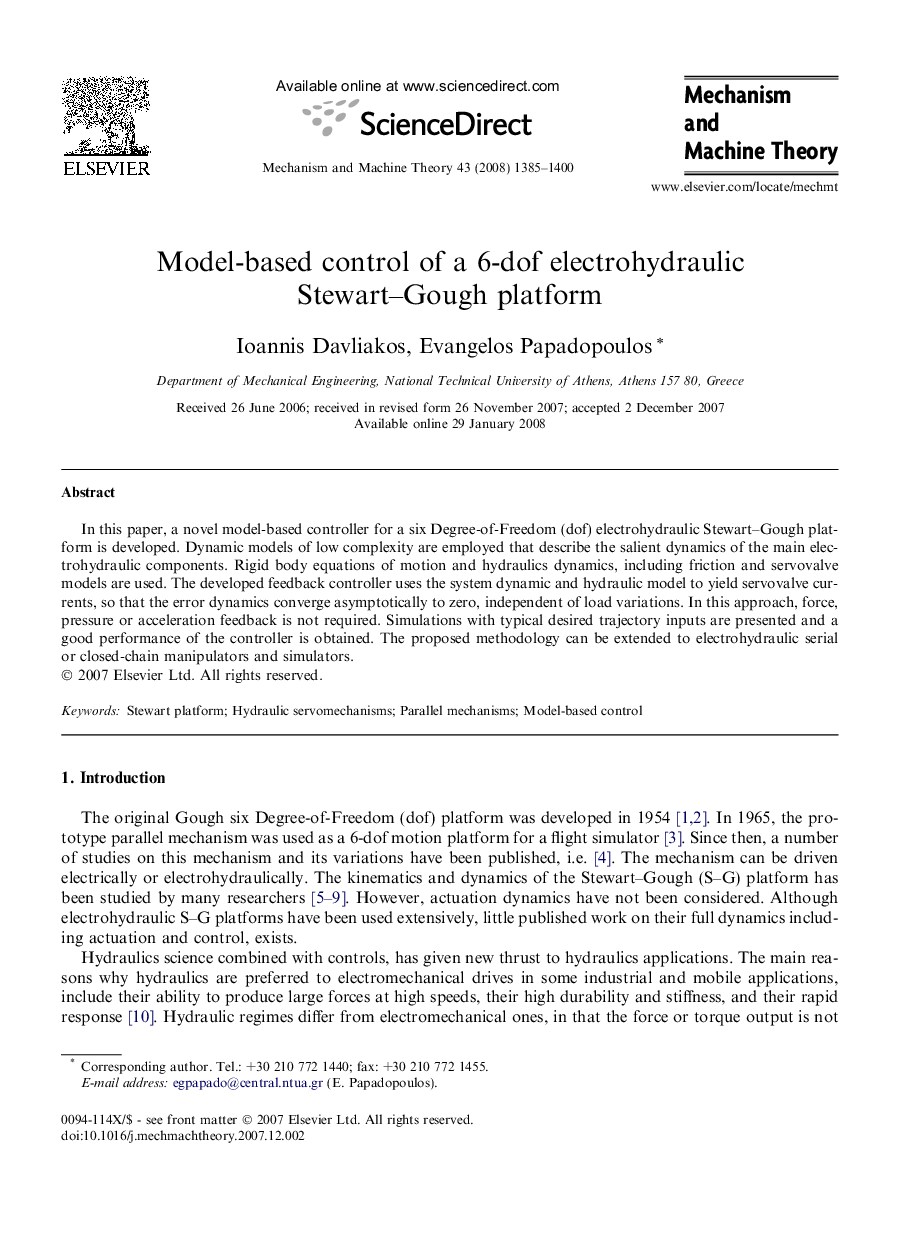 Model-based control of a 6-dof electrohydraulic Stewart–Gough platform