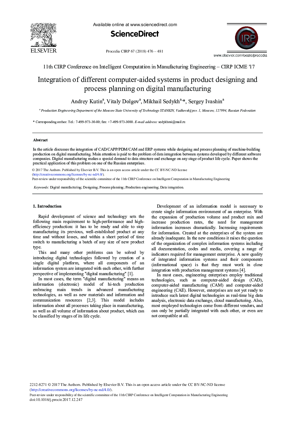Integration of Different Computer-aided Systems in Product Designing and Process Planning on Digital Manufacturing