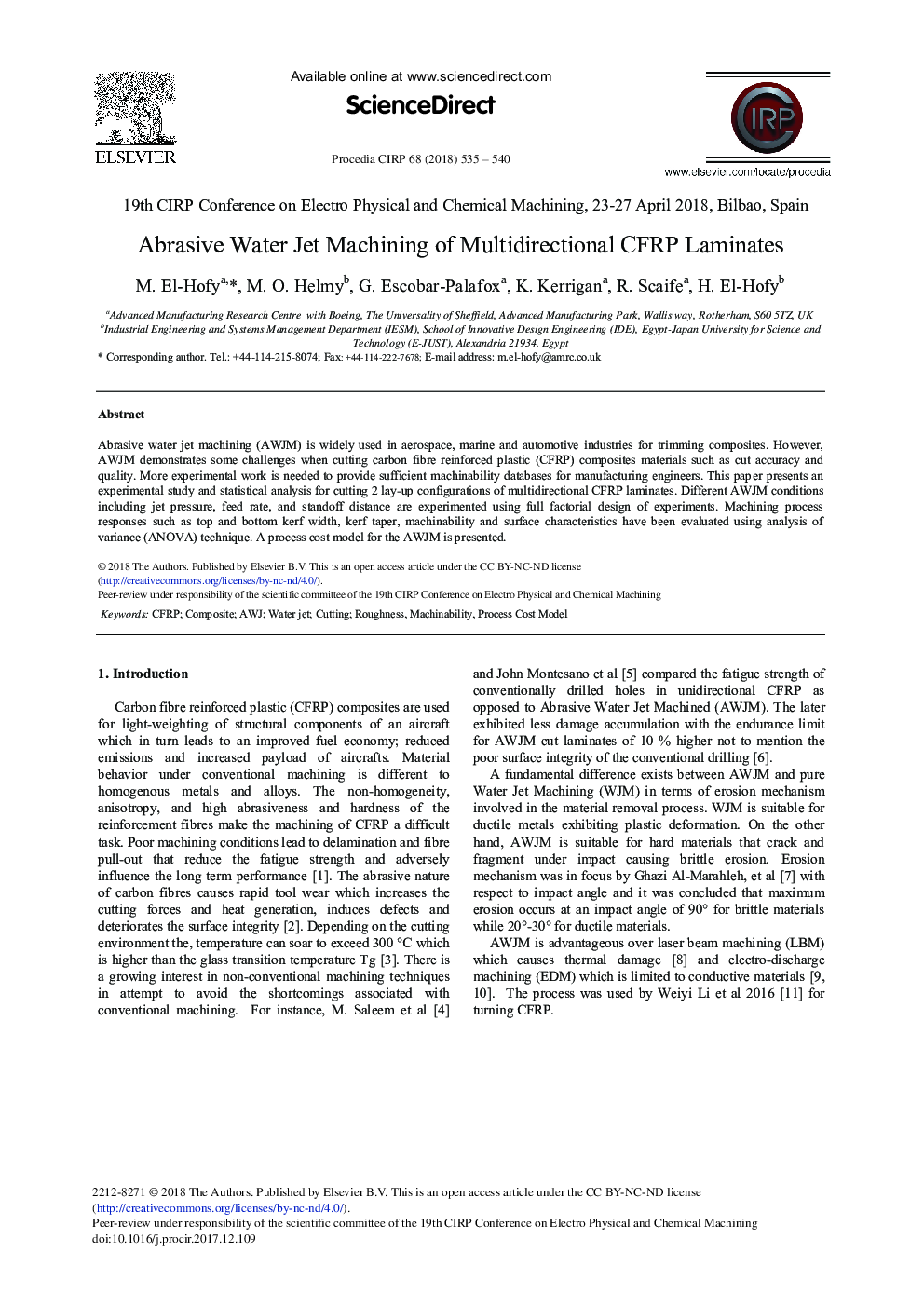 Abrasive Water Jet Machining of Multidirectional CFRP Laminates