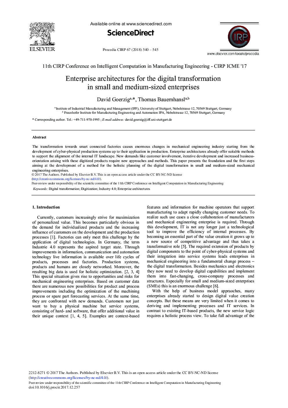 Enterprise Architectures for the Digital Transformation in Small and Medium-sized Enterprises