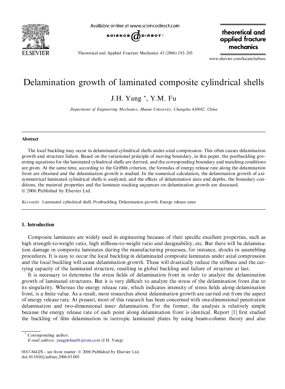 Delamination growth of laminated composite cylindrical shells