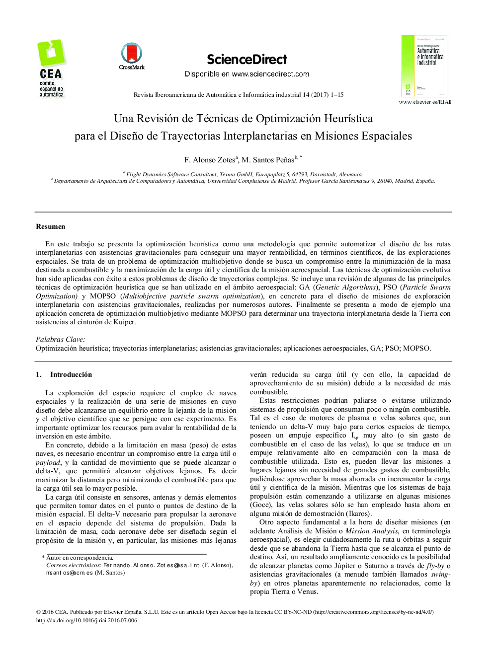 Una Revisión de Técnicas de Optimización HeurÃ­stica para el Diseño de Trayectorias Interplanetarias en Misiones Espaciales