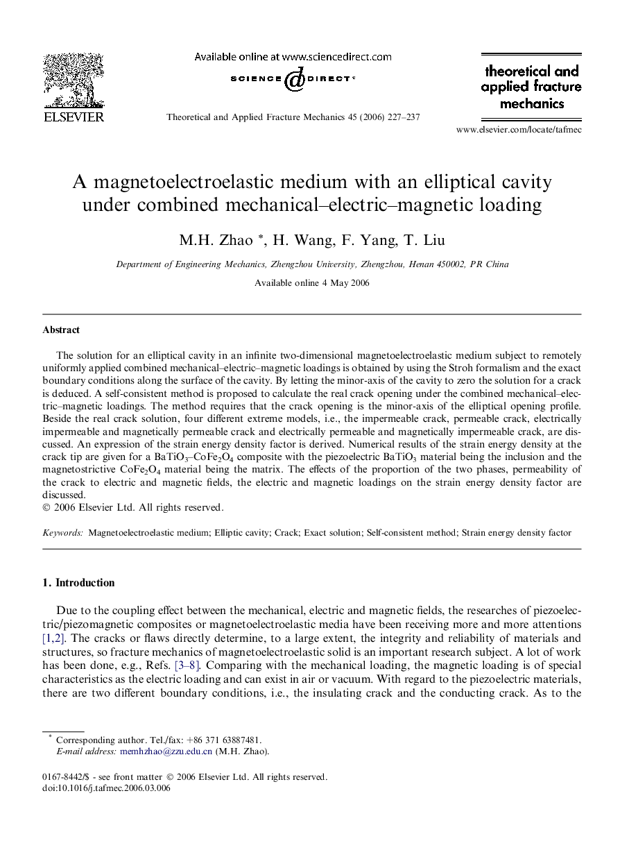 A magnetoelectroelastic medium with an elliptical cavity under combined mechanical–electric–magnetic loading