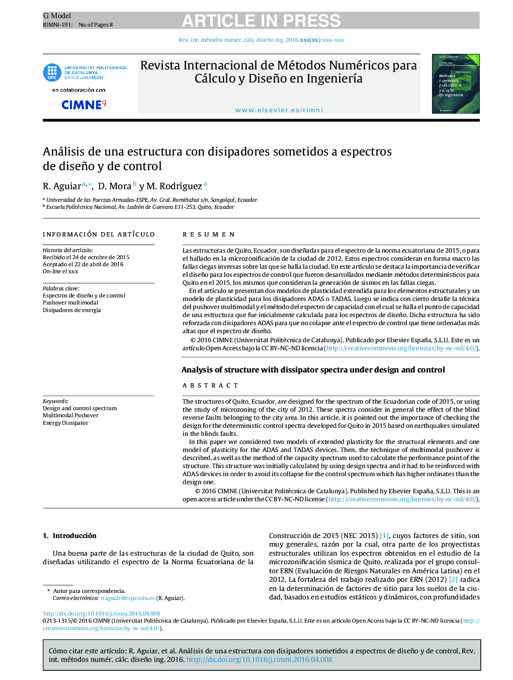 Análisis de una estructura con disipadores sometidos a espectros de diseño y de control