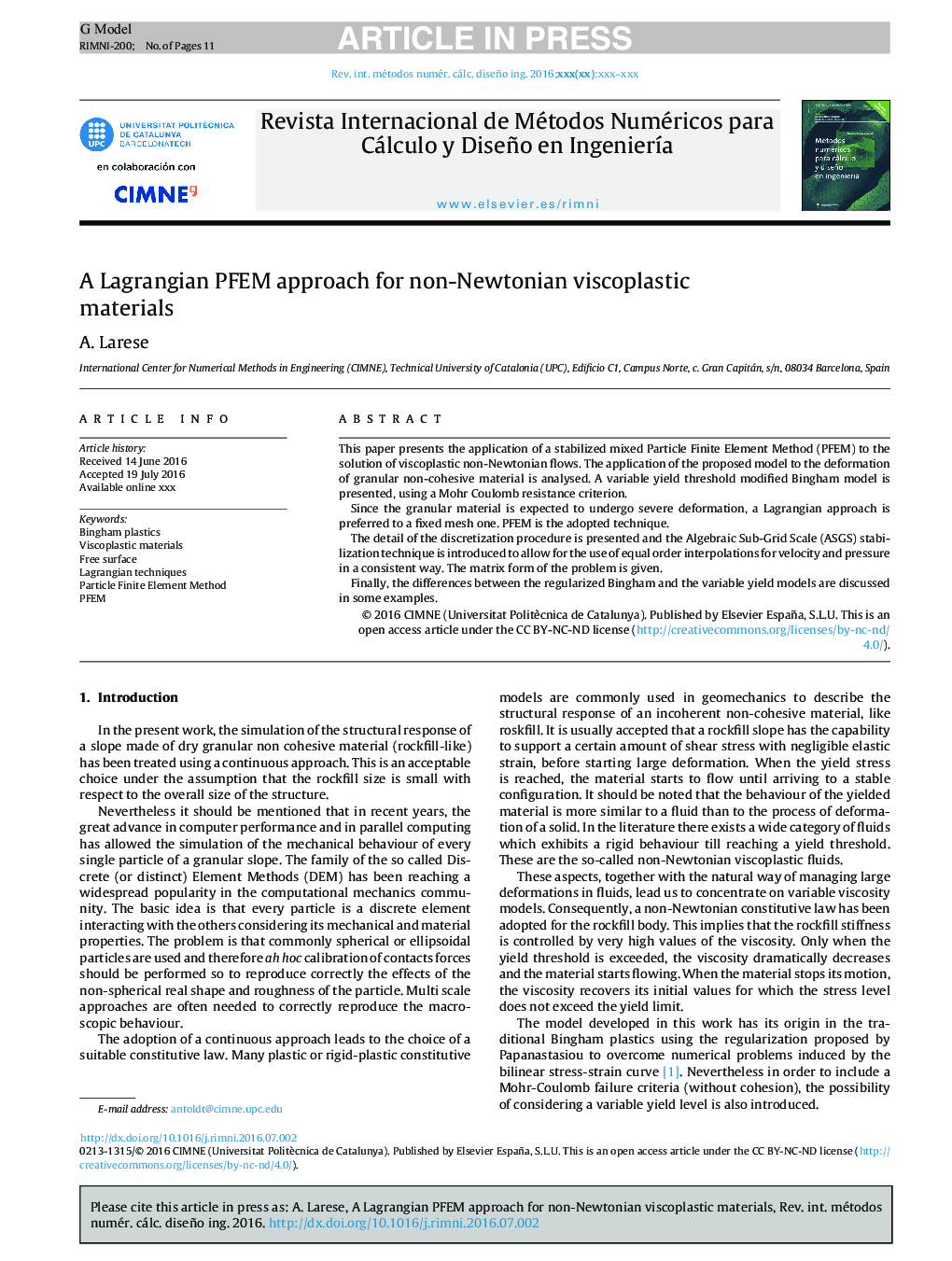 A Lagrangian PFEM approach for non-Newtonian viscoplastic materials