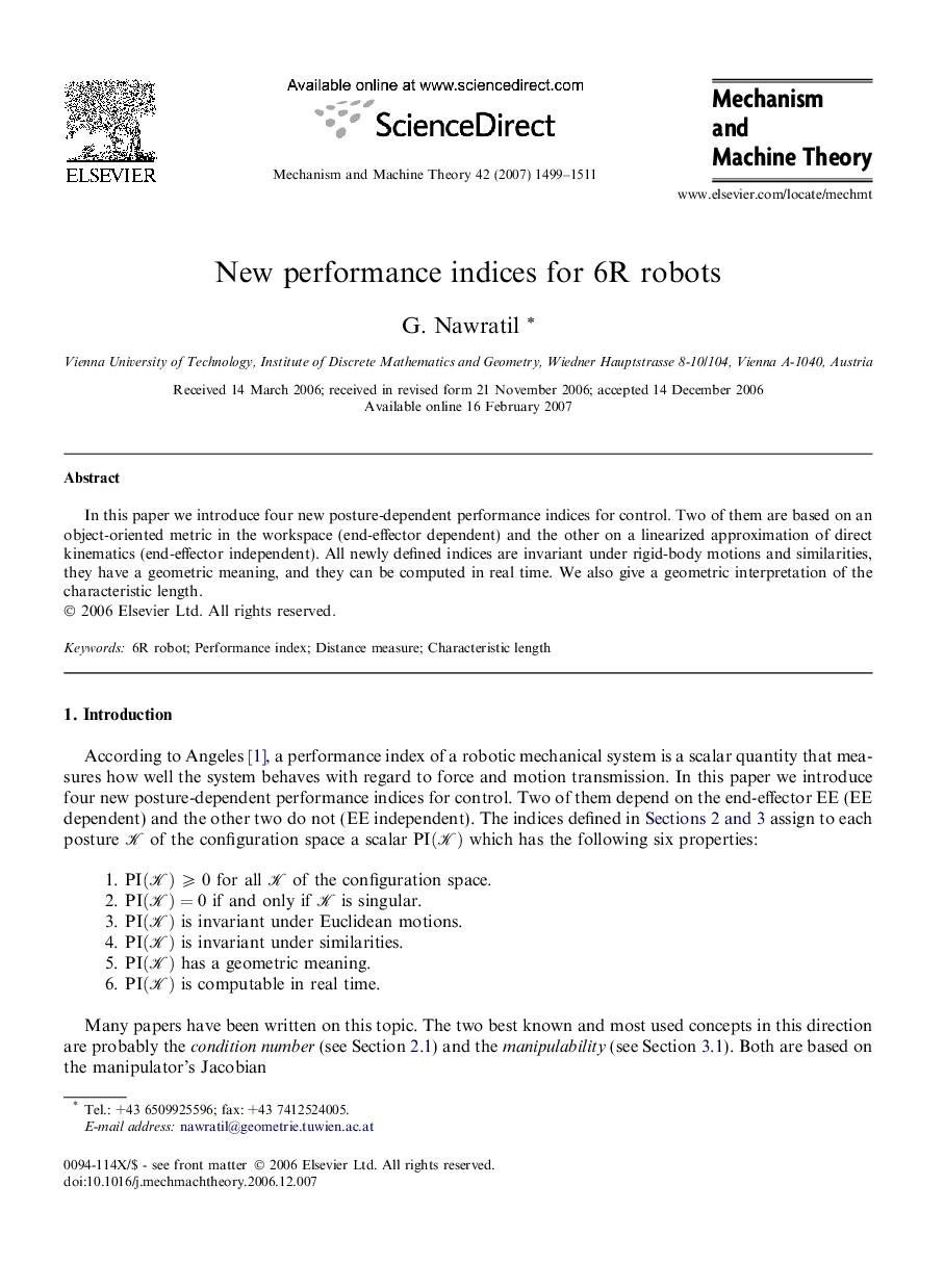 New performance indices for 6R robots